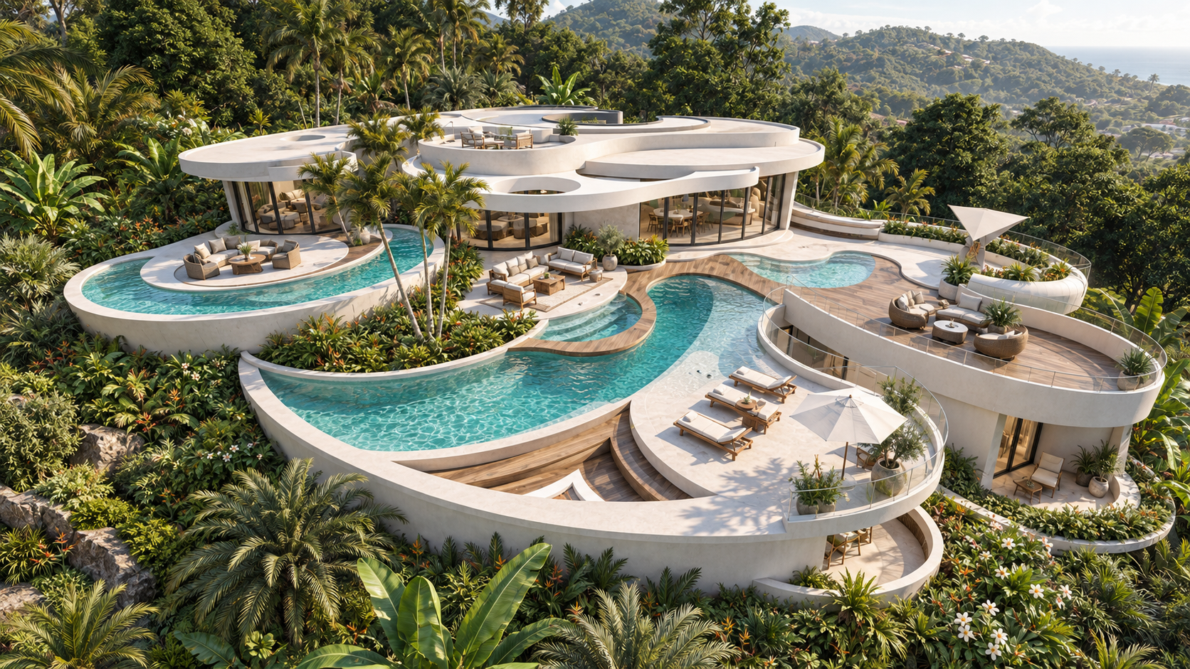 The curved roofs and pools among the planting at Sycamore Meadows, shown as a design visualization