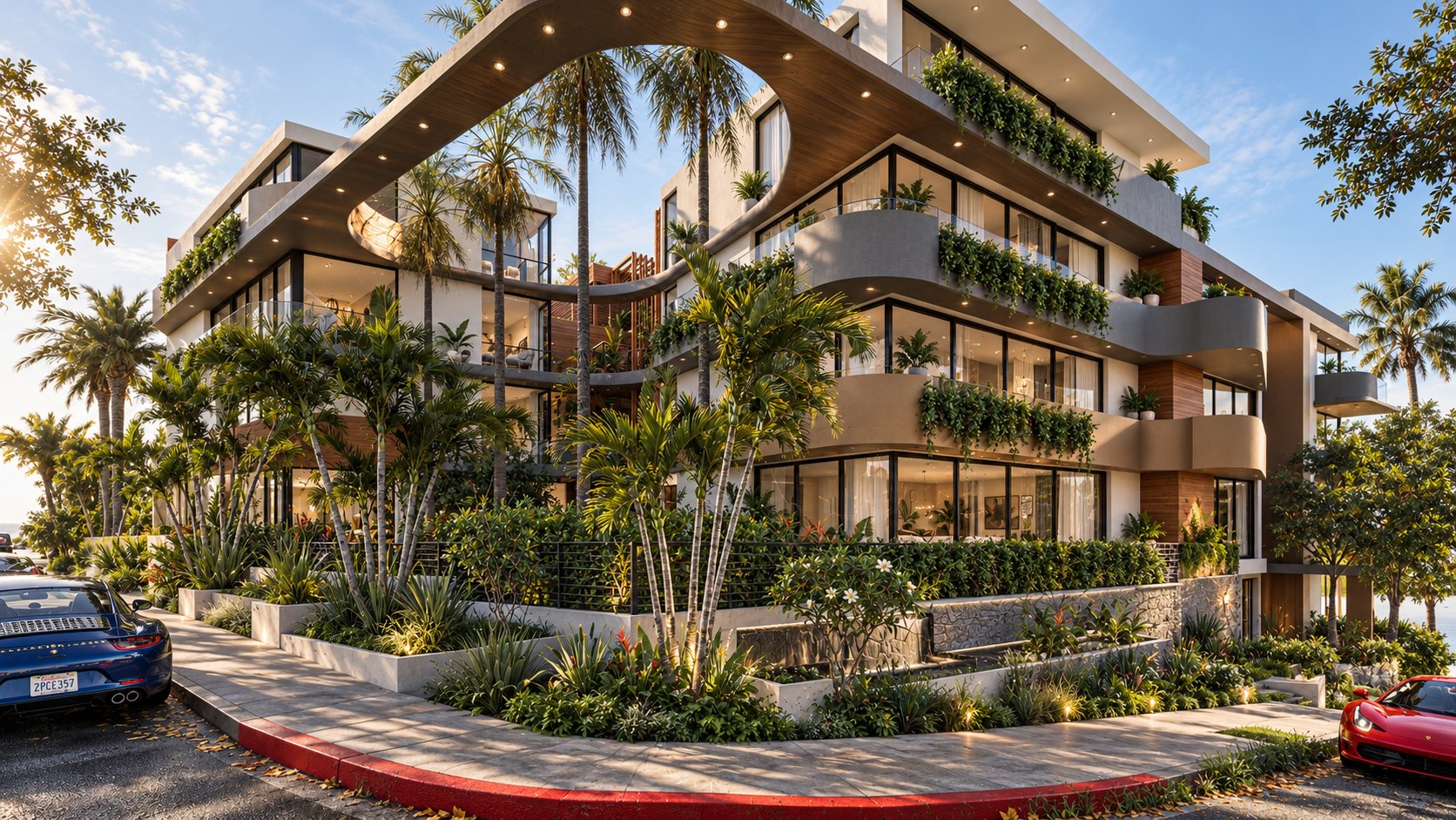 Fountain Curve from the corner, with its balconies looping around the palms, shown as a design visualization