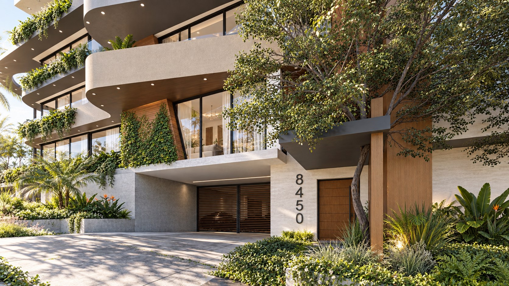 The covered drive to parking and the timber front door at Fountain Curve, shown as a design visualization