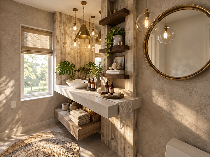 A powder room with a round mirror, glass pendants and a stone counter, at Surfside in Malibu, by Apel Design, shown as a design visualization