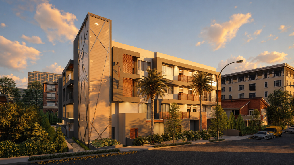 Sunset rendering of a four-story multifamily building with a glass elevator tower