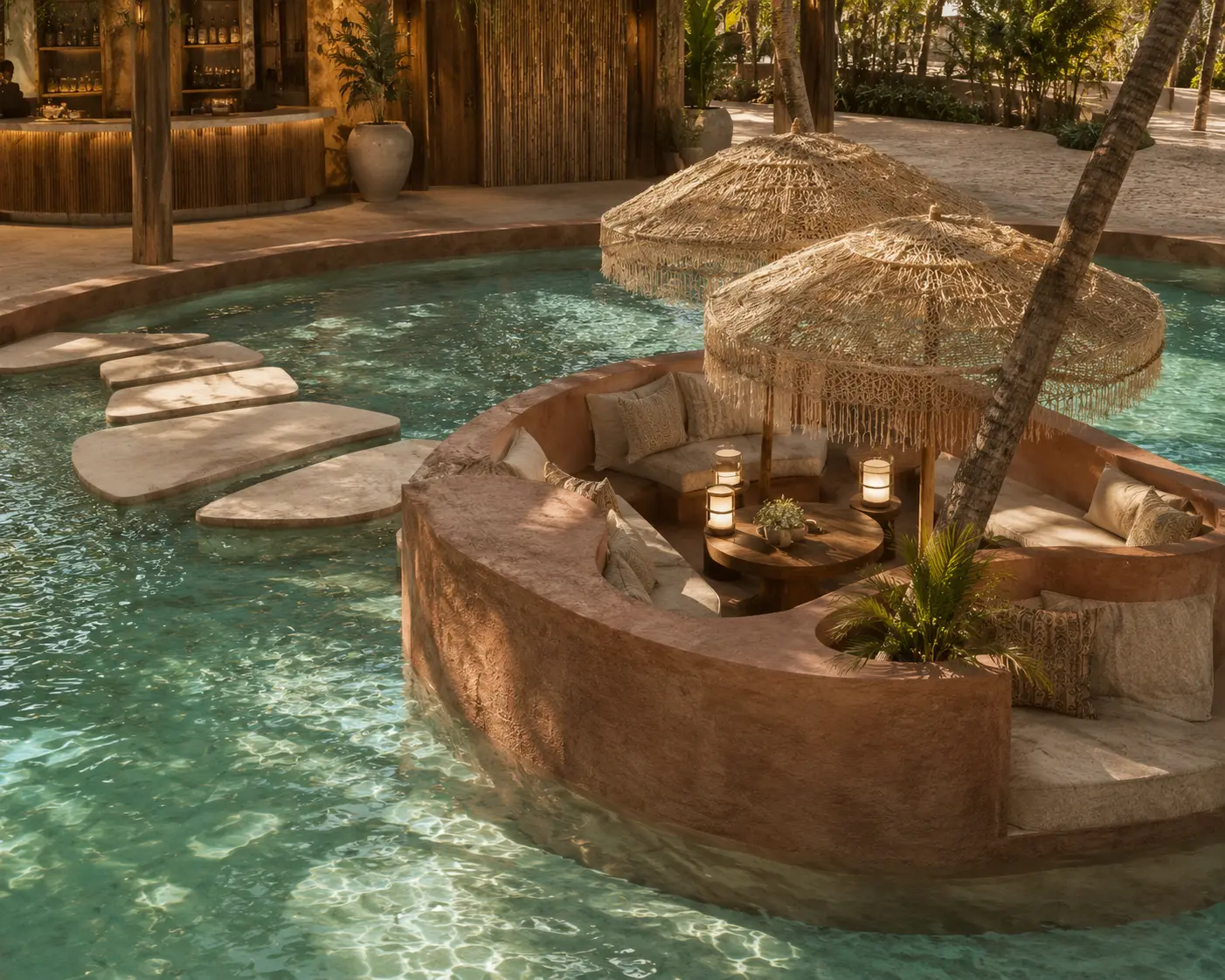 Bar island set within the pool, an Apel Design resort concept
