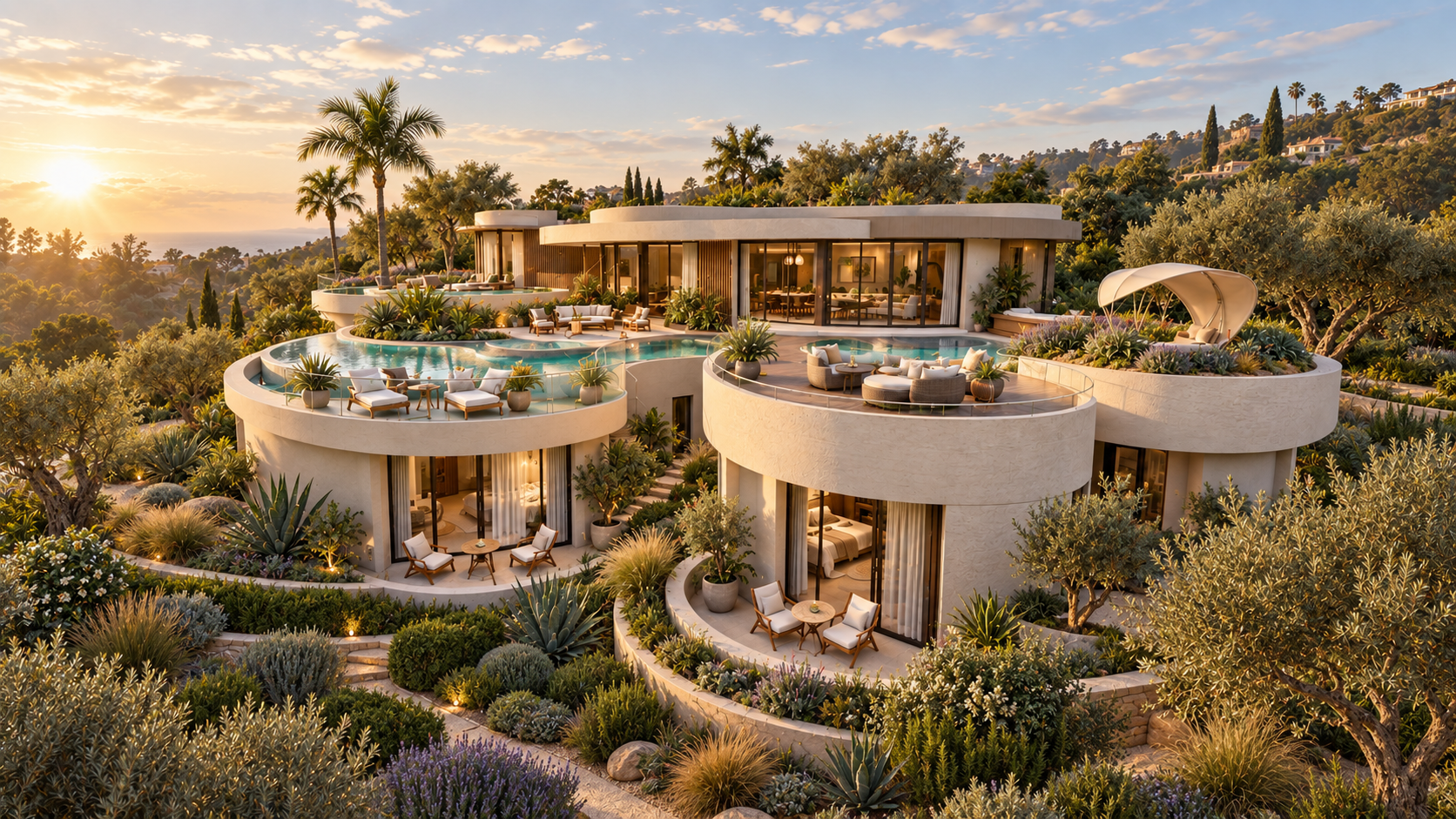 The circular volumes, roof terraces and pools at Sycamore Meadows, shown as a design visualization