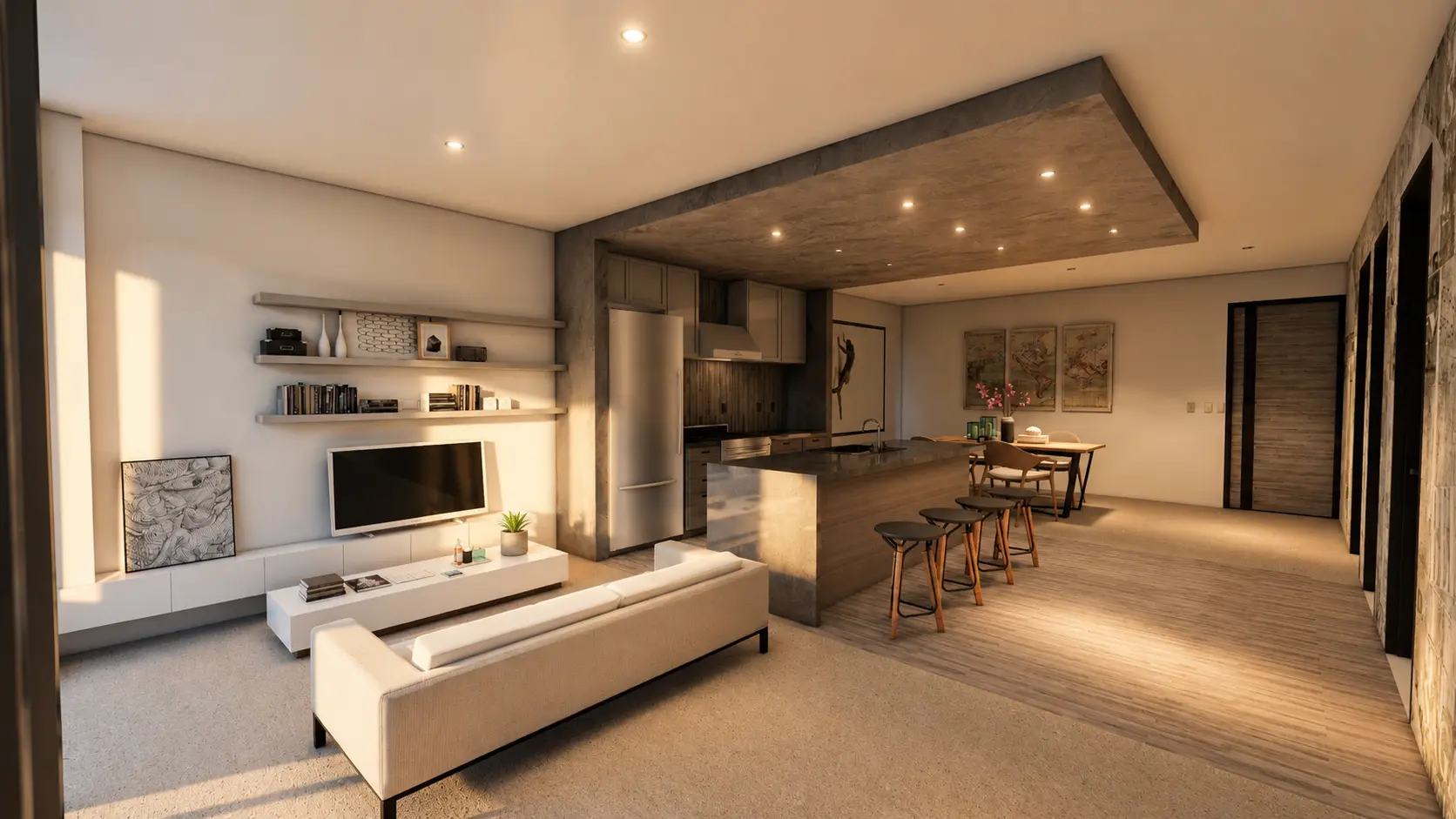 Open-plan unit with kitchen island, dining and living area, a multifamily interior by Apel Design (design visualization)