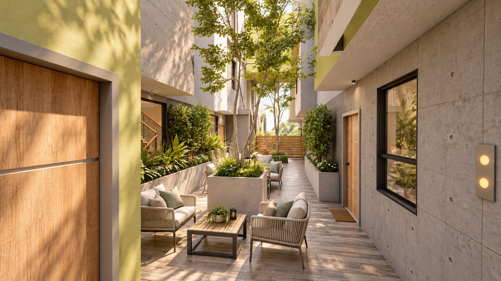 The planted courtyard between the two wings of Sweetzer Court in West Hollywood, by Apel Design, shown as a design visualization