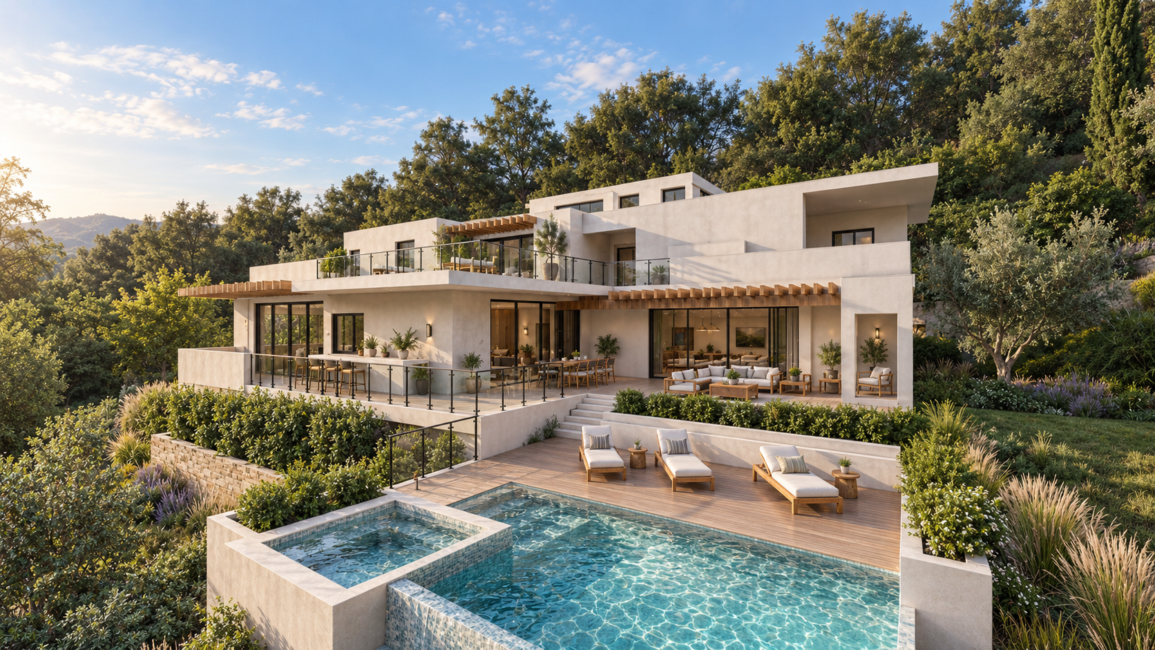 Foxview, a proposed hillside house in Malibu by Apel Design, stepping down a wooded slope to its pool, shown as a design visualization