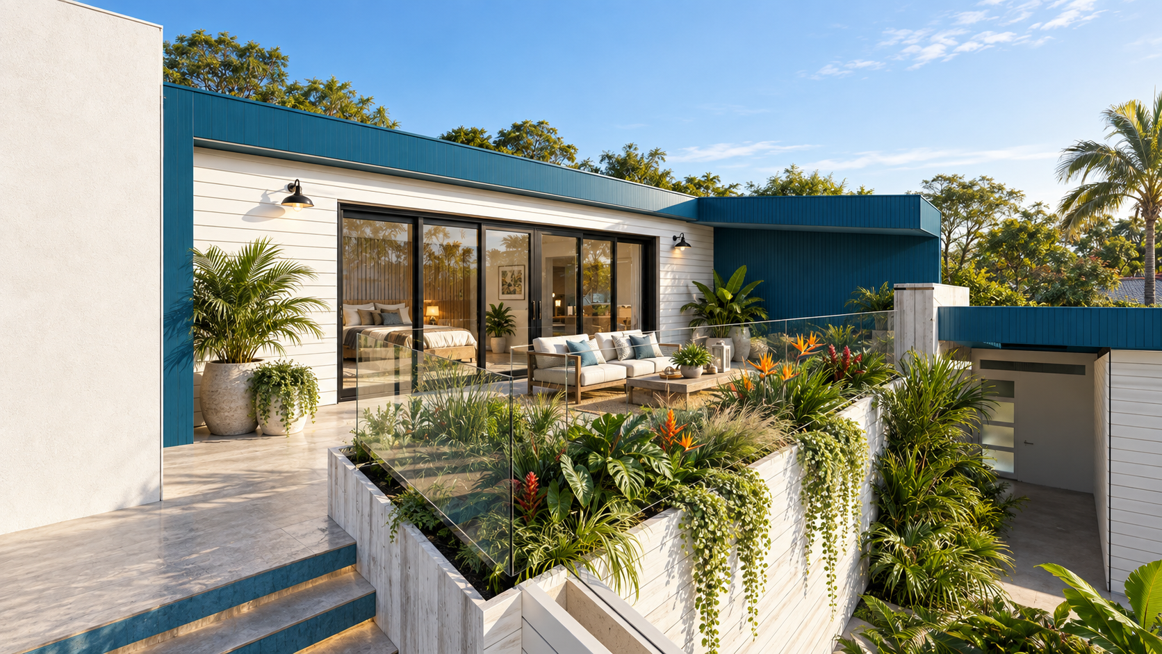 An upper terrace outside a bedroom at Surfside, shown as a design visualization