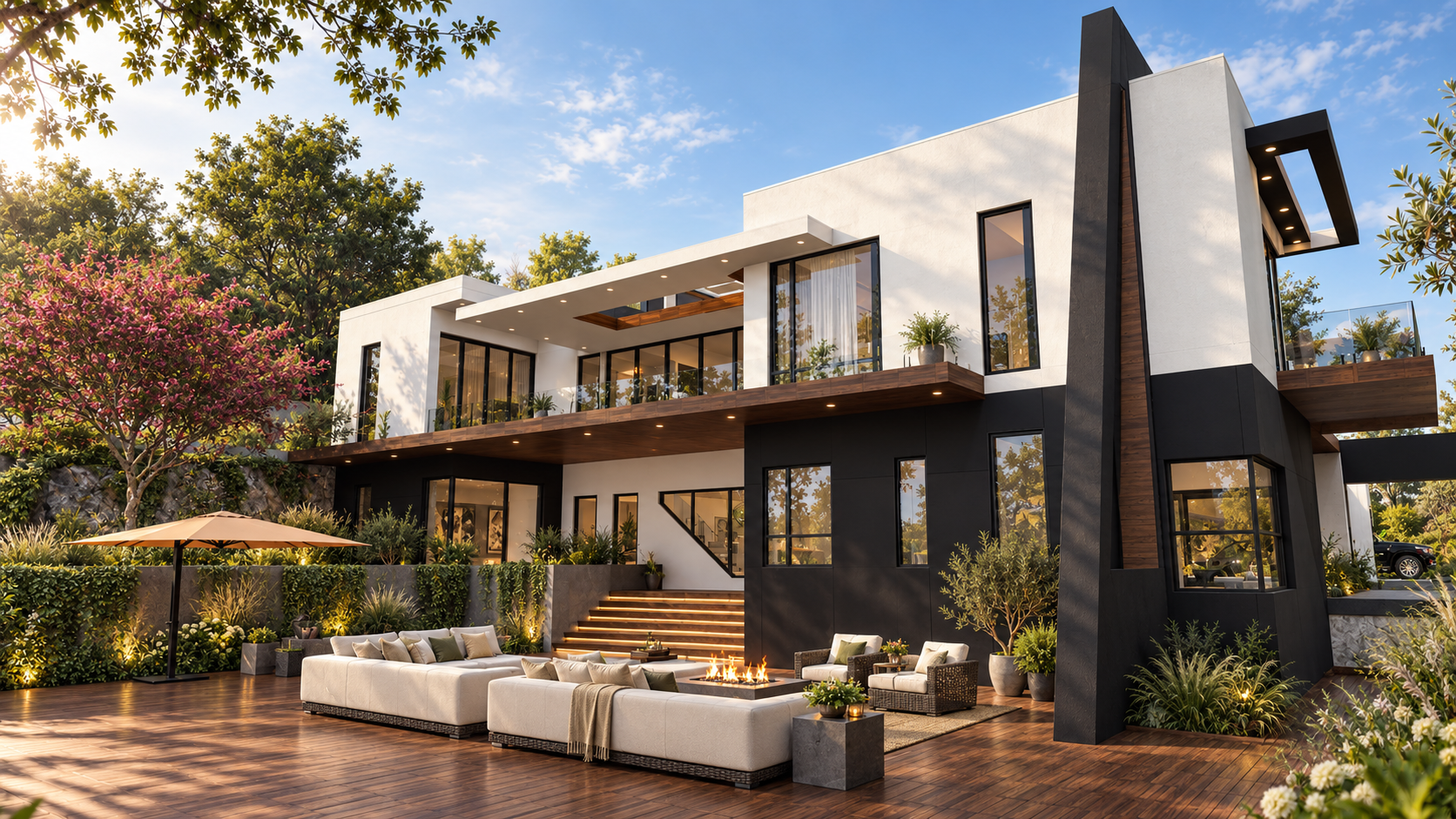 Garden elevation and fire terrace at Gayton, shown as a design visualization