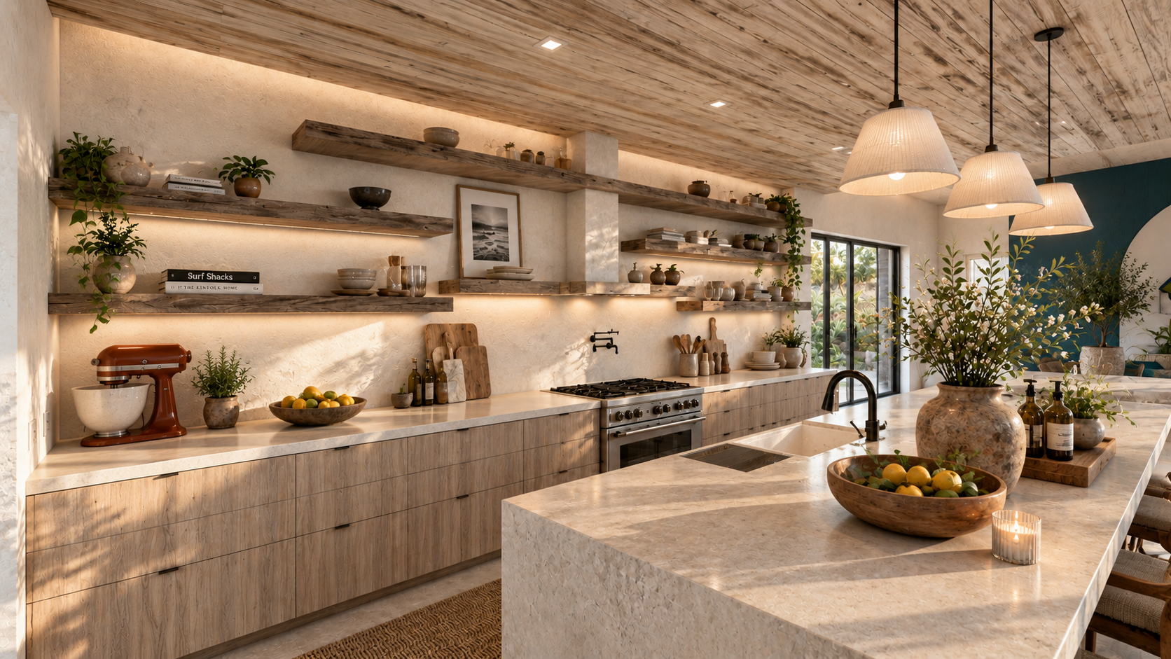 The kitchen under its timber ceiling at Surfside, shown as a design visualization