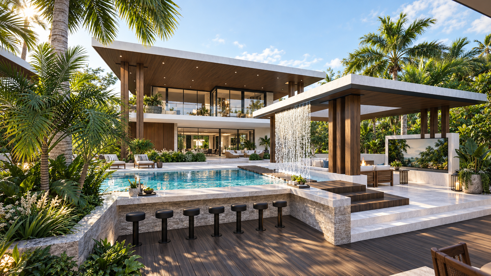 Pool bar and water wall at House Three, shown as a design visualization