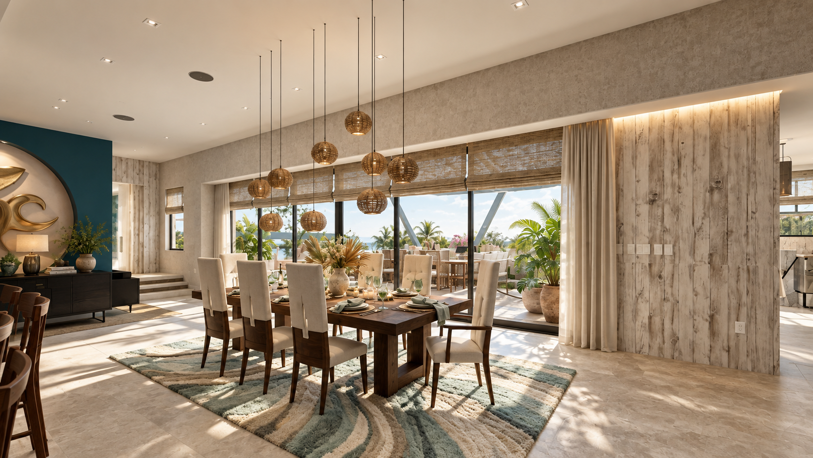 The dining room at Surfside, under woven pendants, shown as a design visualization