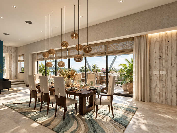 A dining table under woven globe pendants beside glass to the terrace, at Surfside in Malibu, by Apel Design, shown as a design visualization