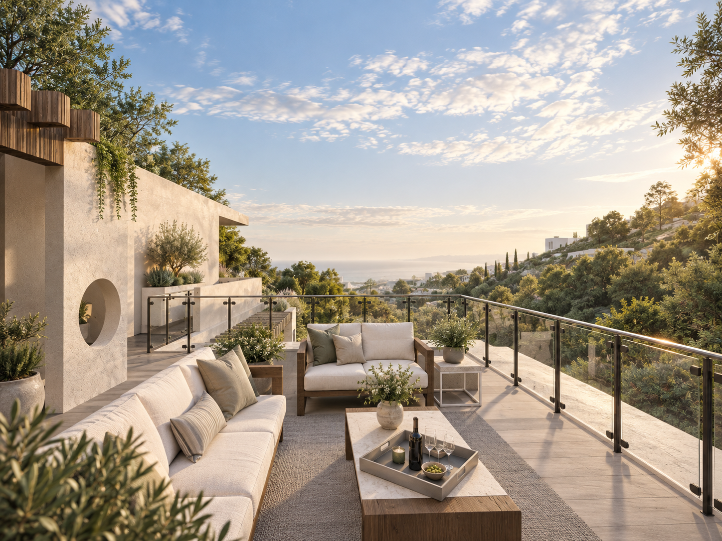A roof terrace with an ocean view and a plaster wall with a round opening at Foxview, shown as a design visualization