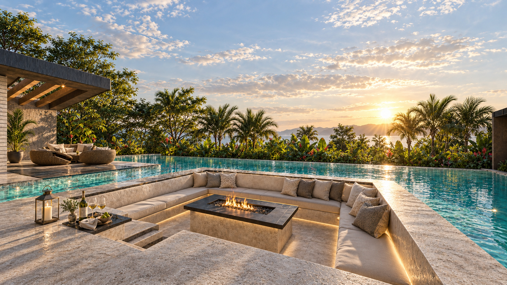 The sunken fire lounge set into the pool at sunset at Surfside, shown as a design visualization