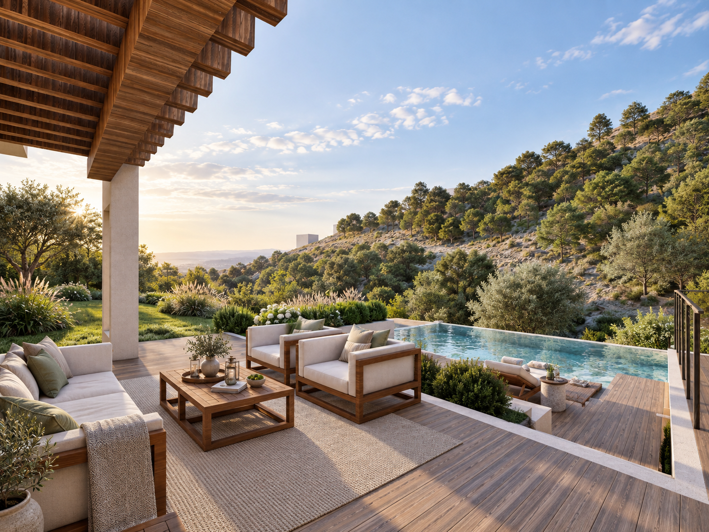 A covered lounge under timber beams, looking over the pool and the canyon at Foxview, shown as a design visualization
