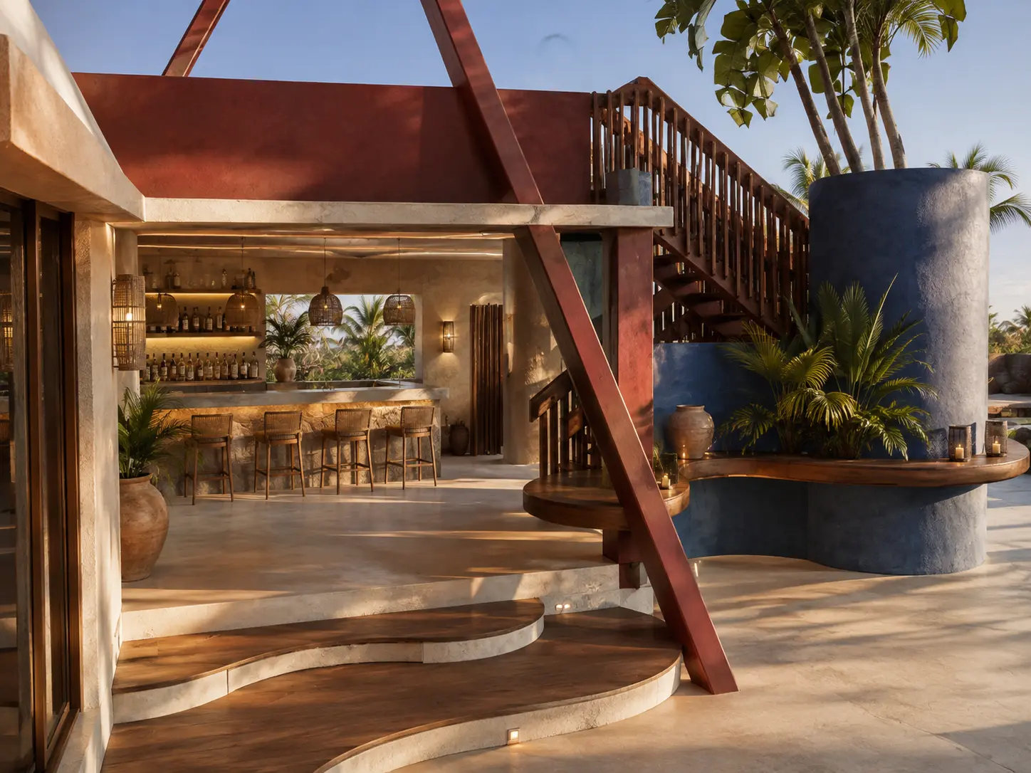 Open-air bar under a shade structure, an Apel Design resort concept
