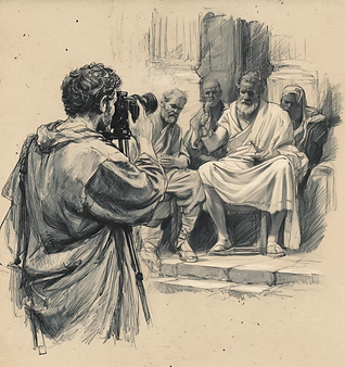 Apel Design: an ink illustration of a photographer composing a portrait of seated figures