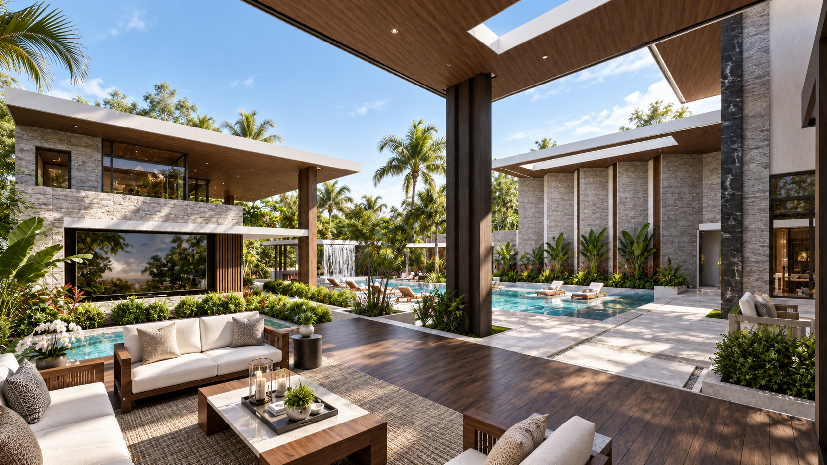 Covered terrace beside the pool at House Three, shown as a design visualization