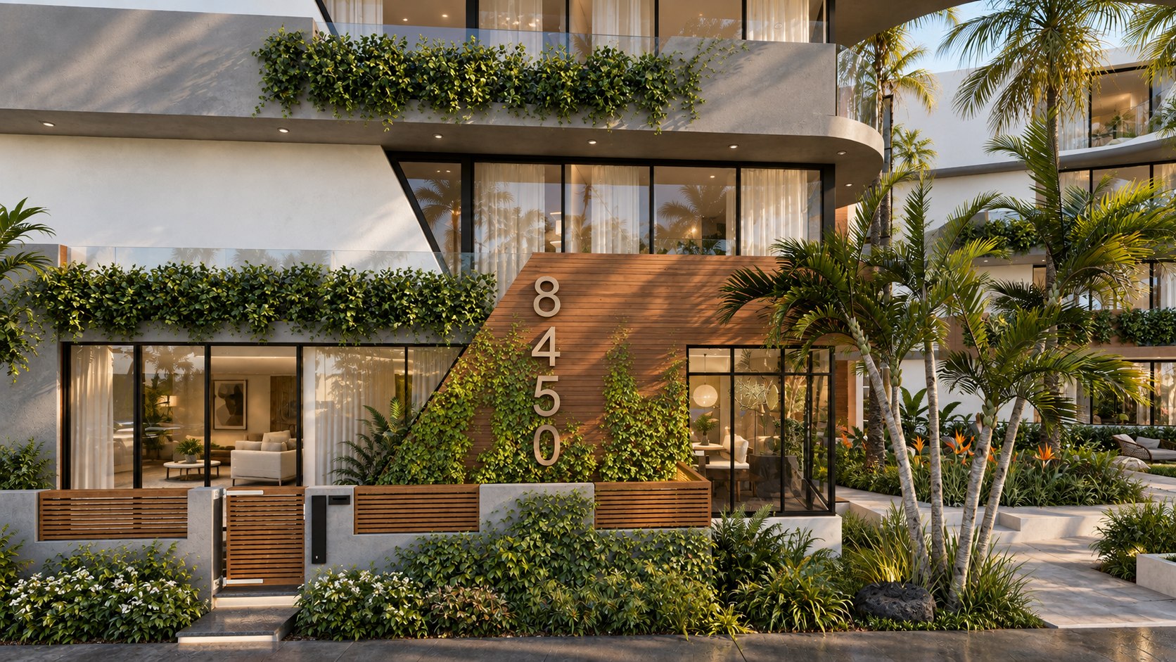 The planted timber entry wall and slatted gate at Fountain Curve, shown as a design visualization