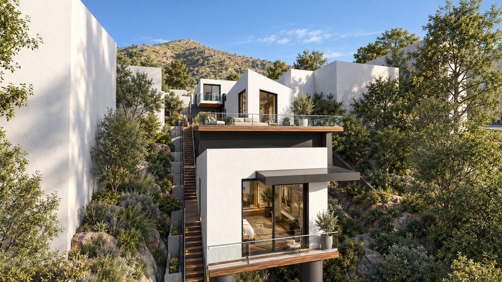 The house against the slope at Beachfront Residence, shown as a design visualization