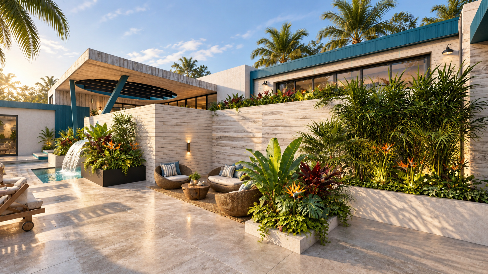 A waterfall spilling into the pool at Surfside, shown as a design visualization