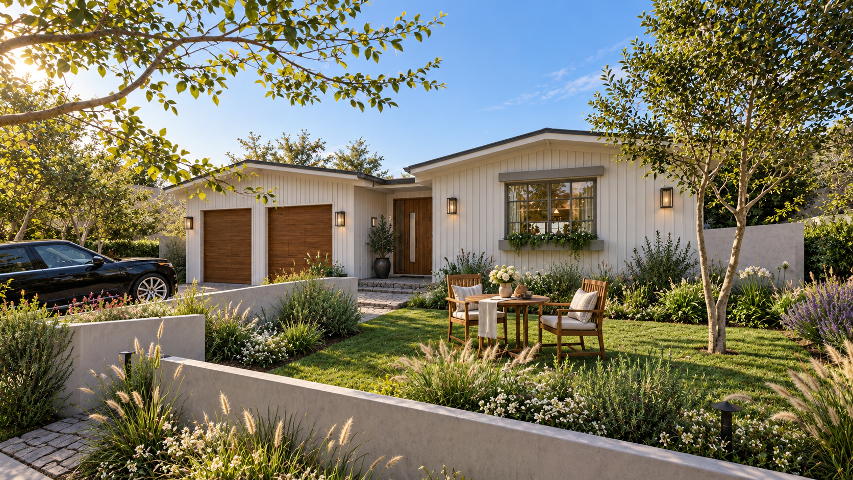 Clifftop, a custom home by Apel Design in Pacific Palisades, with its front garden and board-and-batten walls, shown as a design visualization