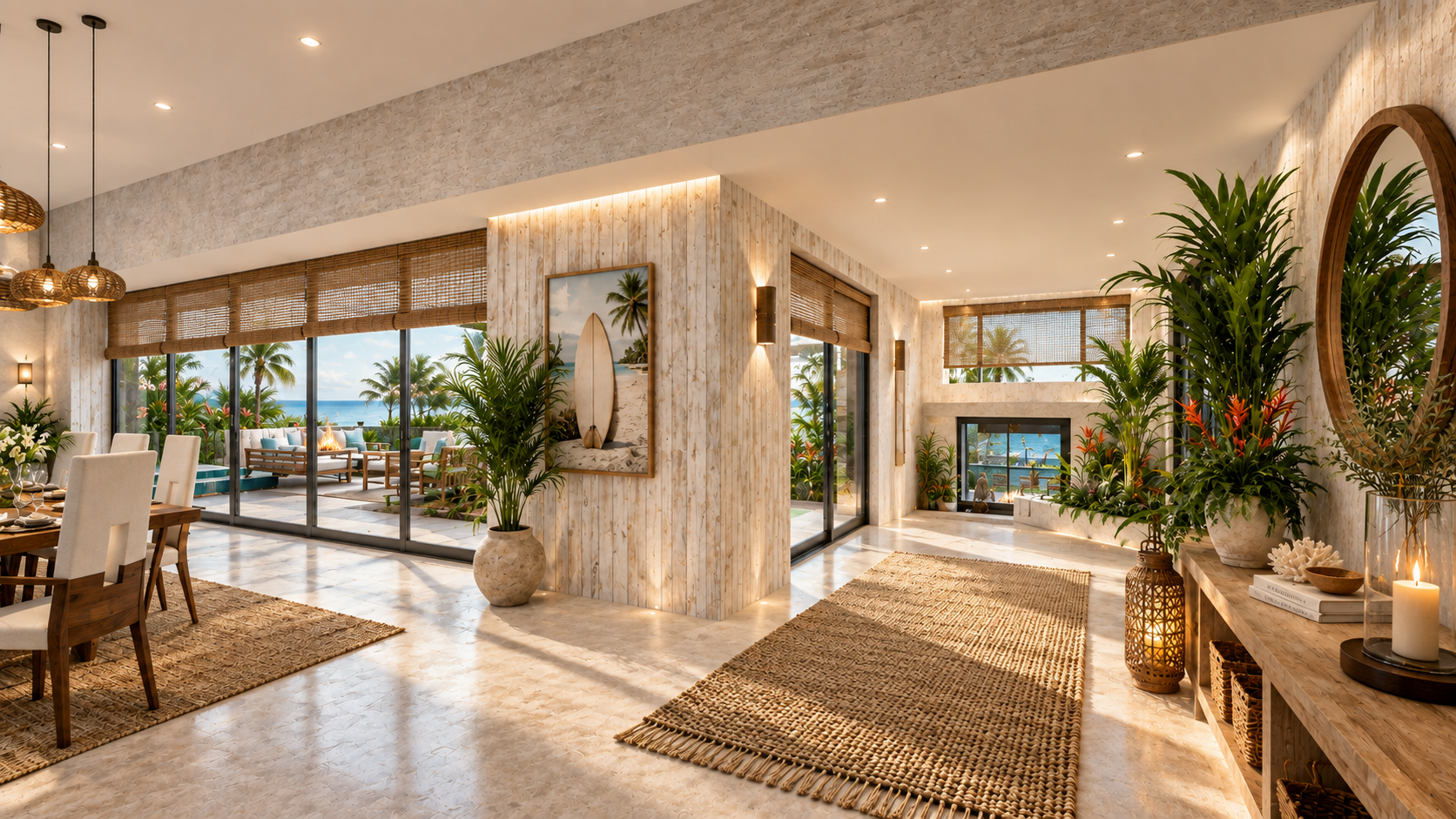 The living and dining space at Surfside, with its fireplace, shown as a design visualization