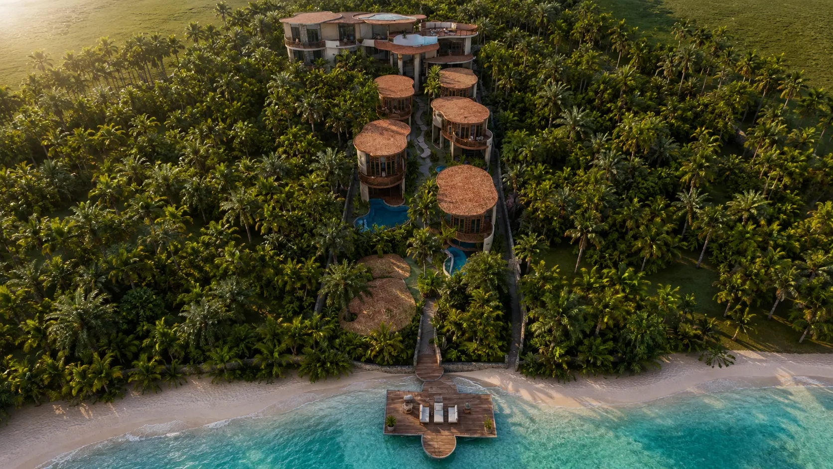 Coastal aerial of the Bacalar resort study, an Apel Design resort concept