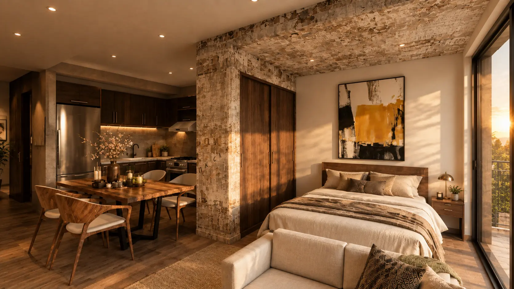 Studio unit with integrated kitchen, dining and sleeping area, a multifamily interior by Apel Design (design visualization)