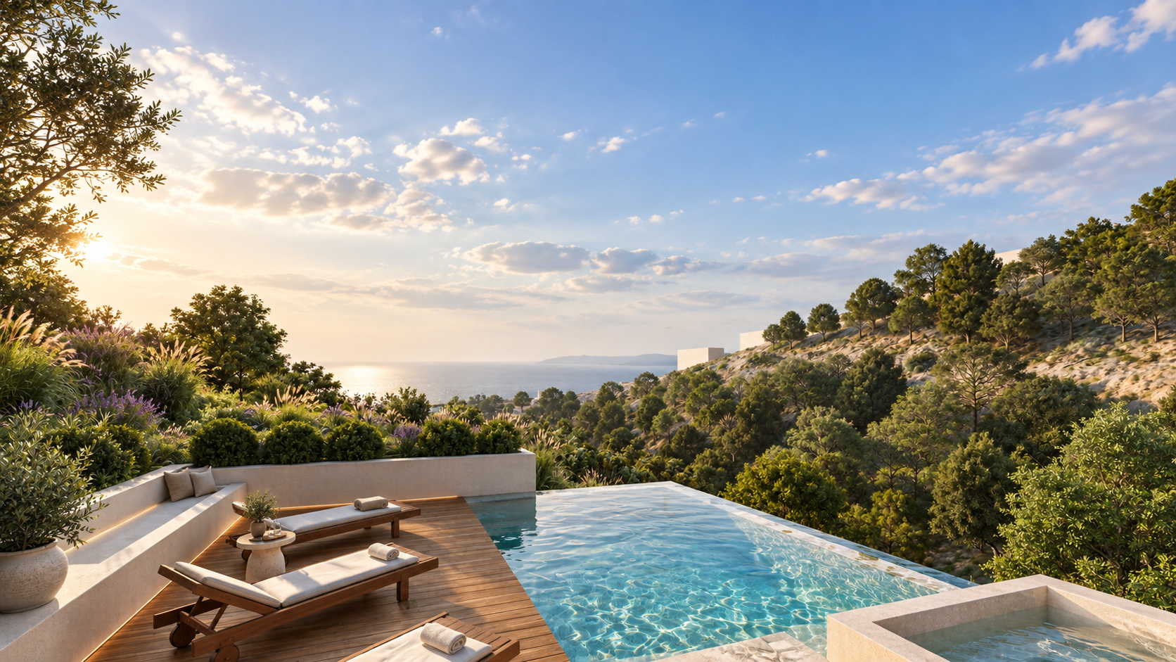The infinity pool at Foxview at sunset, with the ocean beyond, shown as a design visualization