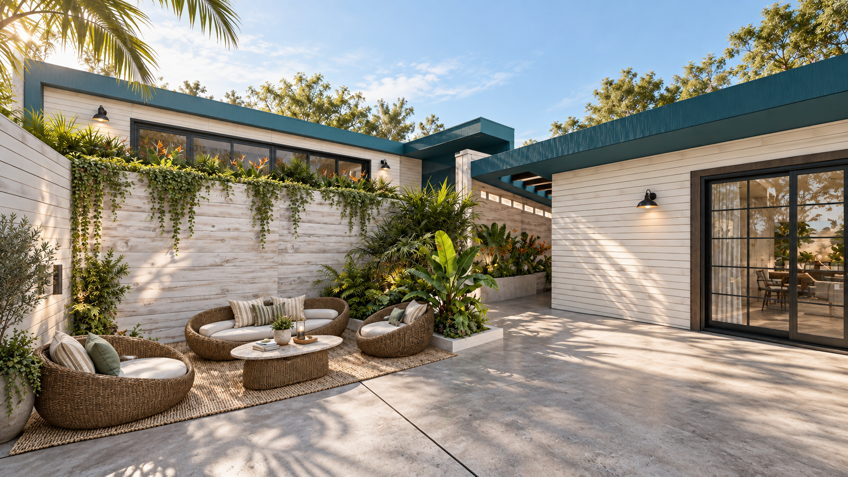 A courtyard of white plank walls and round wicker chairs at Surfside, shown as a design visualization