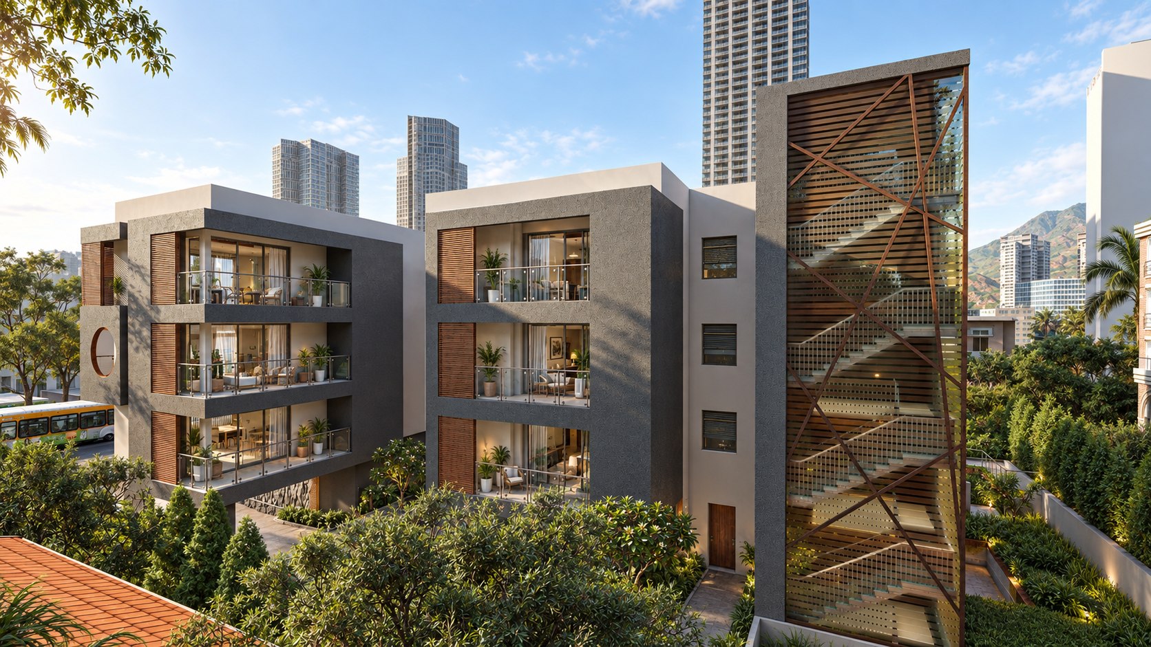 The two blocks of homes and the latticed stair tower at San Vicente Residences, shown as a design visualization