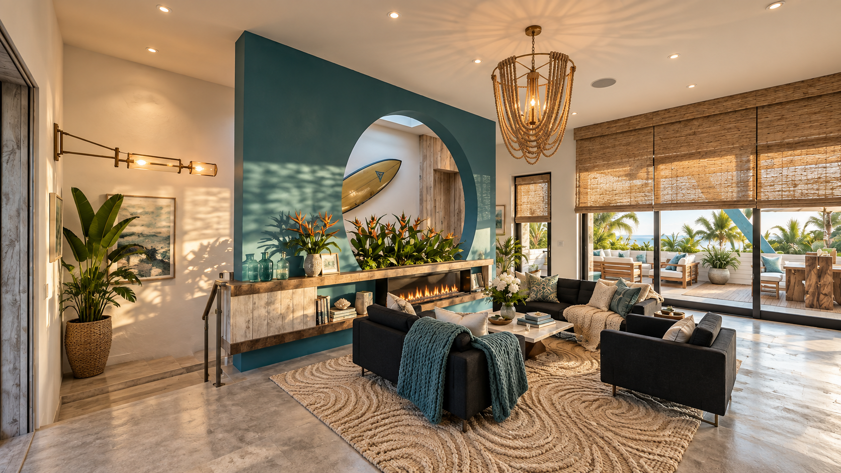 The living room, with its long fireplace under a circular niche, at Surfside, shown as a design visualization