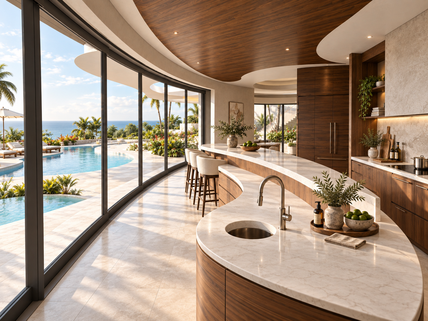 The kitchen, with a curved stone island facing the view, at Sycamore Meadows, shown as a design visualization