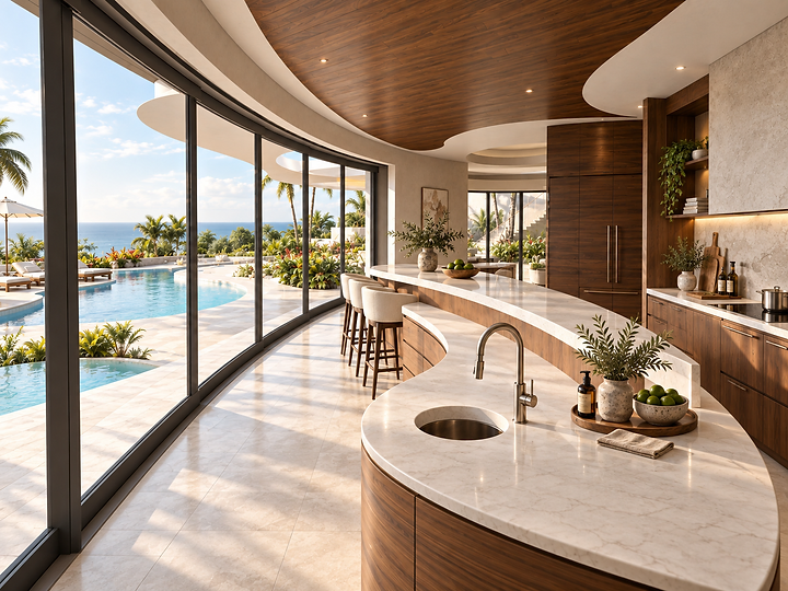 A curved stone island under a timber ceiling, facing glass to the pool and the ocean, at Sycamore Meadows in Malibu, by Apel Design, shown as a design visualization