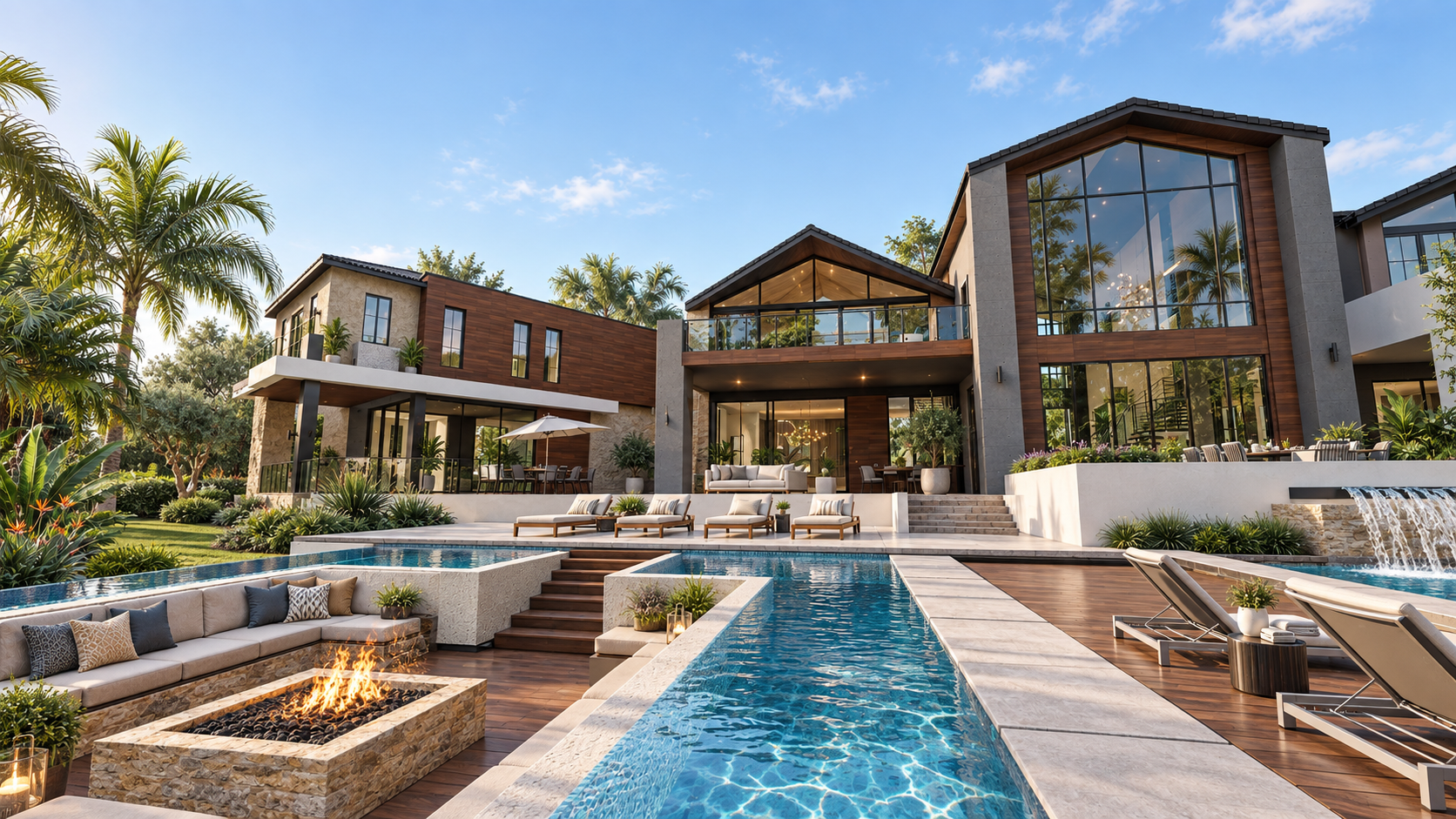 Pool, fire terrace and gabled volumes at House Two, shown as a design visualization