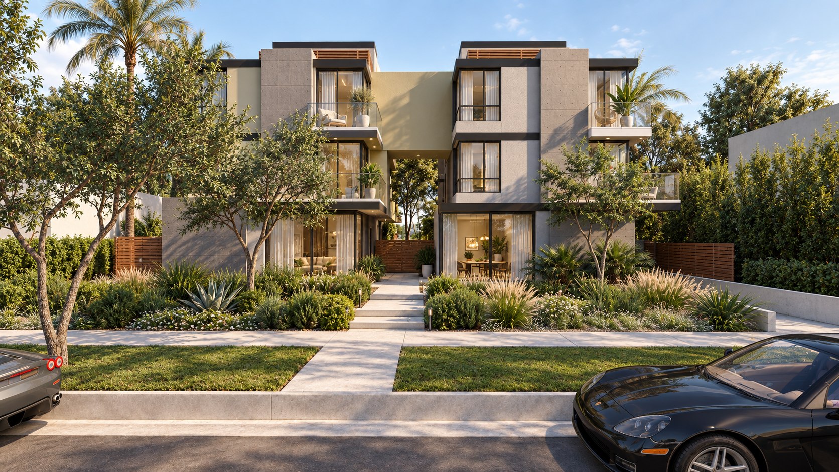 Sweetzer Court, a proposed multifamily building in West Hollywood by Apel Design, seen from the street, shown as a design visualization