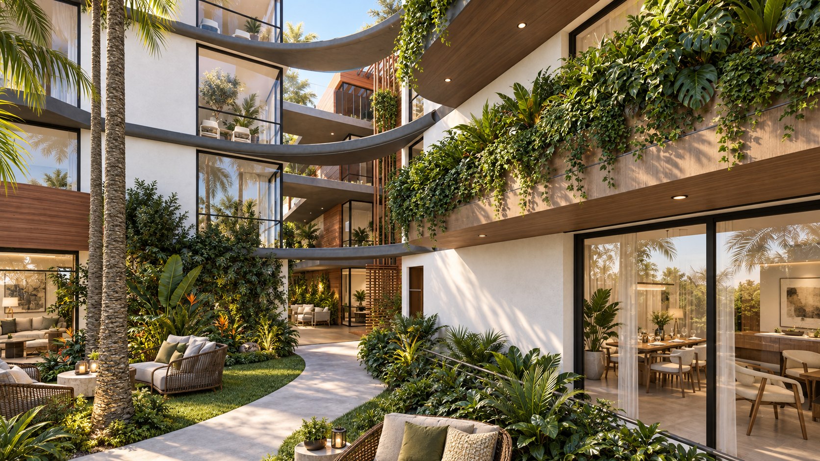The garden court between the homes, with palms and a curving path, at Fountain Curve, shown as a design visualization