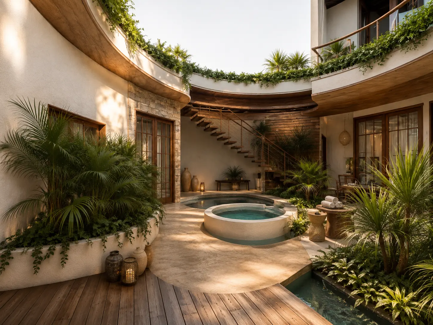 Private spa court with water and stone, an Apel Design resort concept