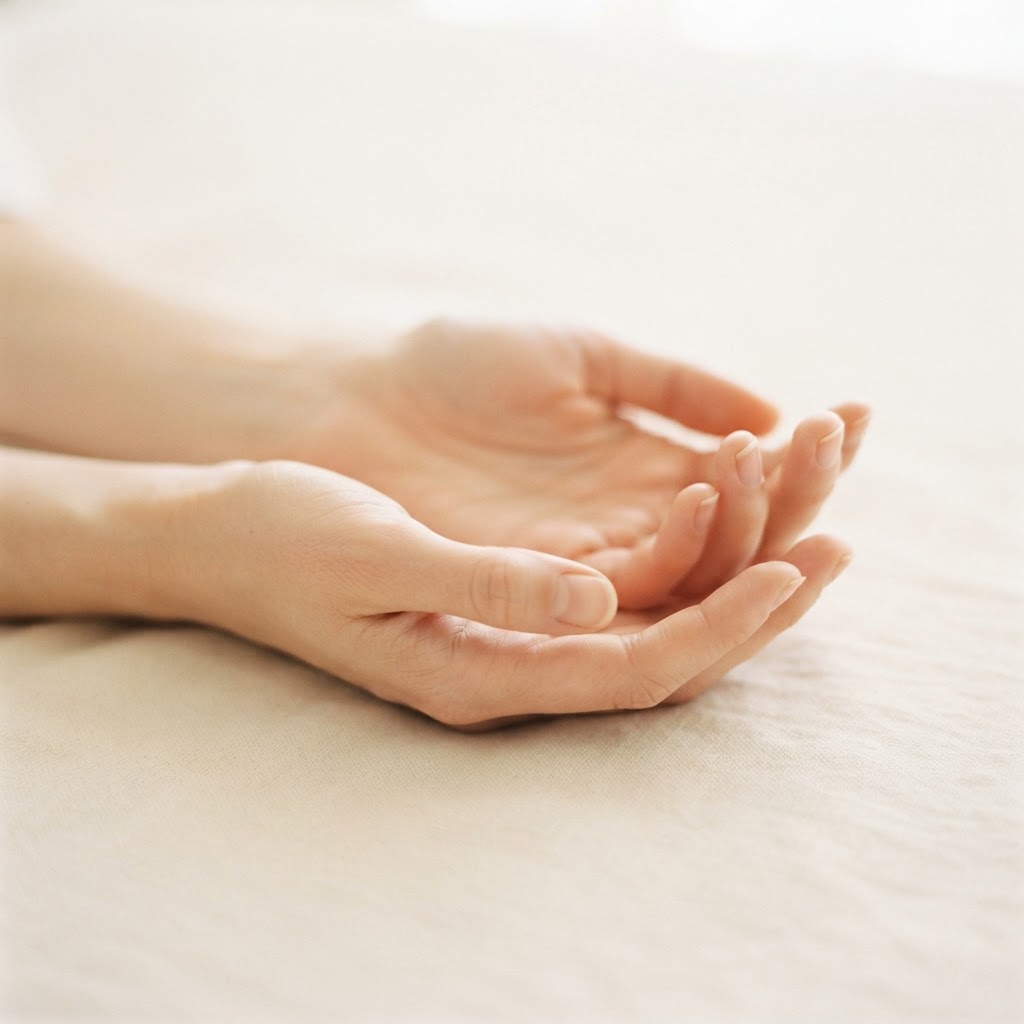 Two hands resting one on top of the other, palms open