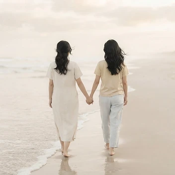 Two Asian women with dark hair in casual clothing walking hand in hand on a beach