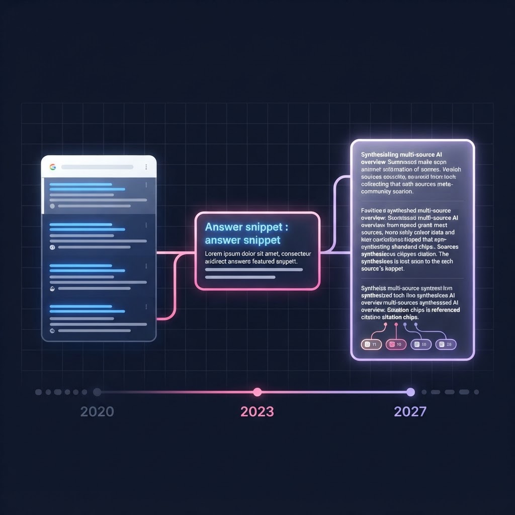 Editorial illustration of the evolution from classic SEO blue links to AEO answer snippets to GEO synthesized multi-source AI overviews with citation chips, across 2020 to 2027.