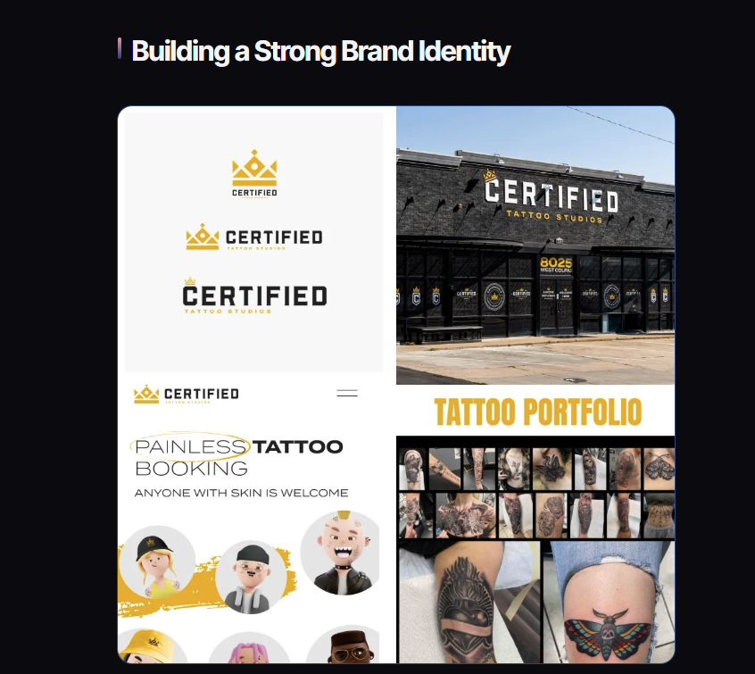 Certified Tattoo Studios brand identity — logo lockups, Denver storefront at 8025 West Colfax, and portfolio UI as an example of how to grow a tattoo shop business.