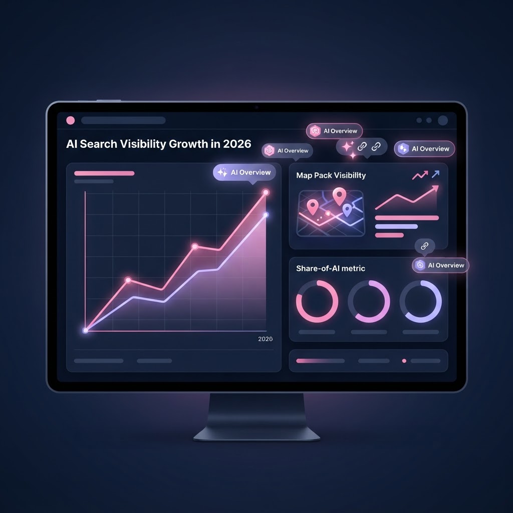Stylized dark analytics dashboard showing AI search visibility growth — an upward trend line, AI Overview citation badges, and Map Pack visibility cards for Rathcore salon clients in 2026.