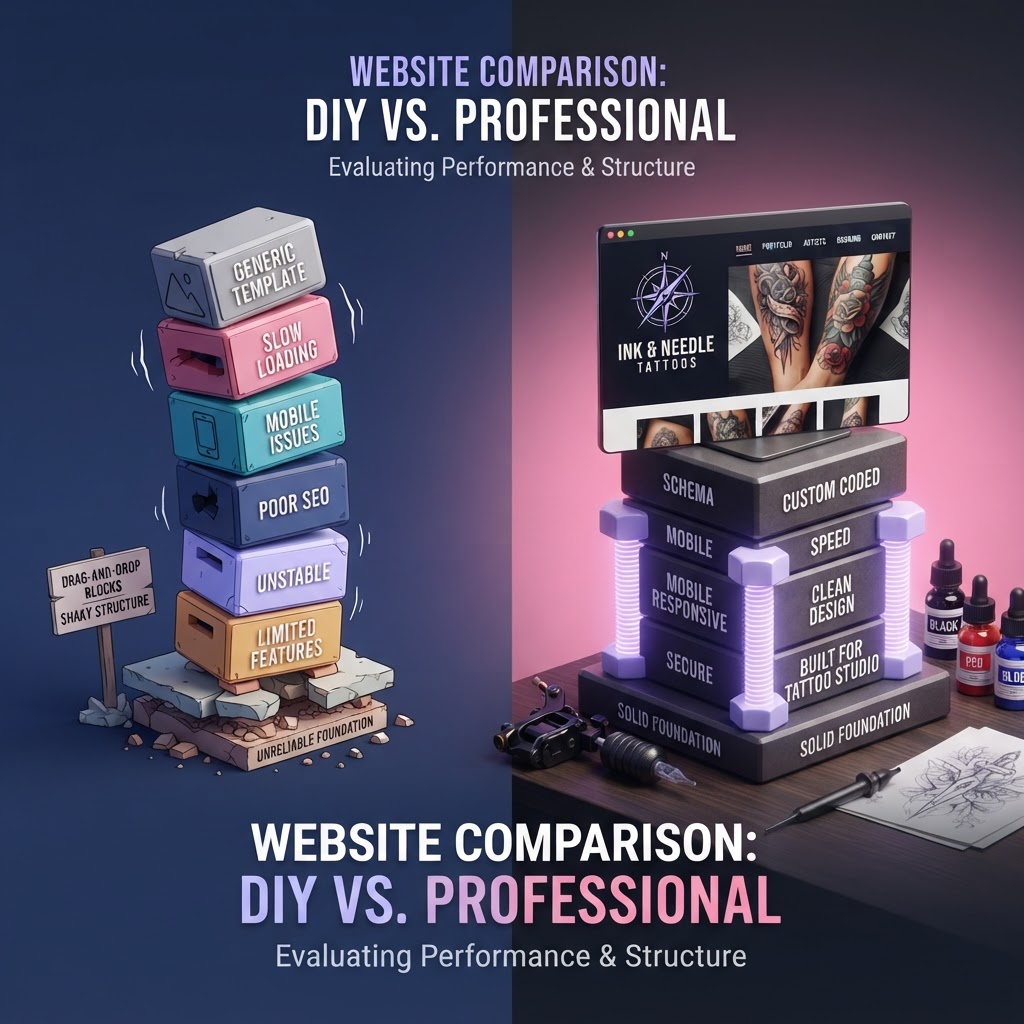 Choosing the right foundation for a tattoo website — DIY platforms vs. professional responsive website development company.