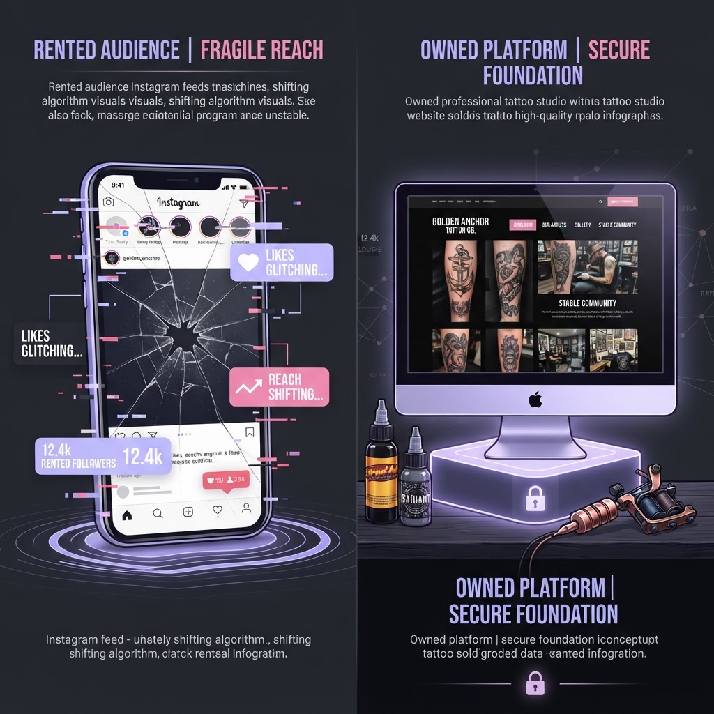 Side-by-side comparison: rented Instagram space versus an owned dedicated tattoo website — risk vs. ownership.