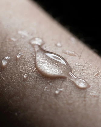 Macro photograph showing the viscous texture of clear serum droplets resting on forearm skin