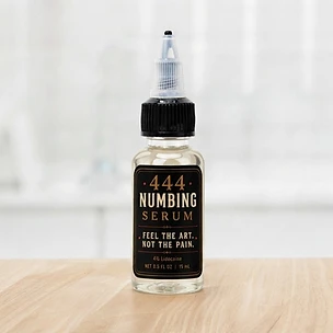 The 444 Numbing Serum amber-dropper bottle with clear liquid and black label