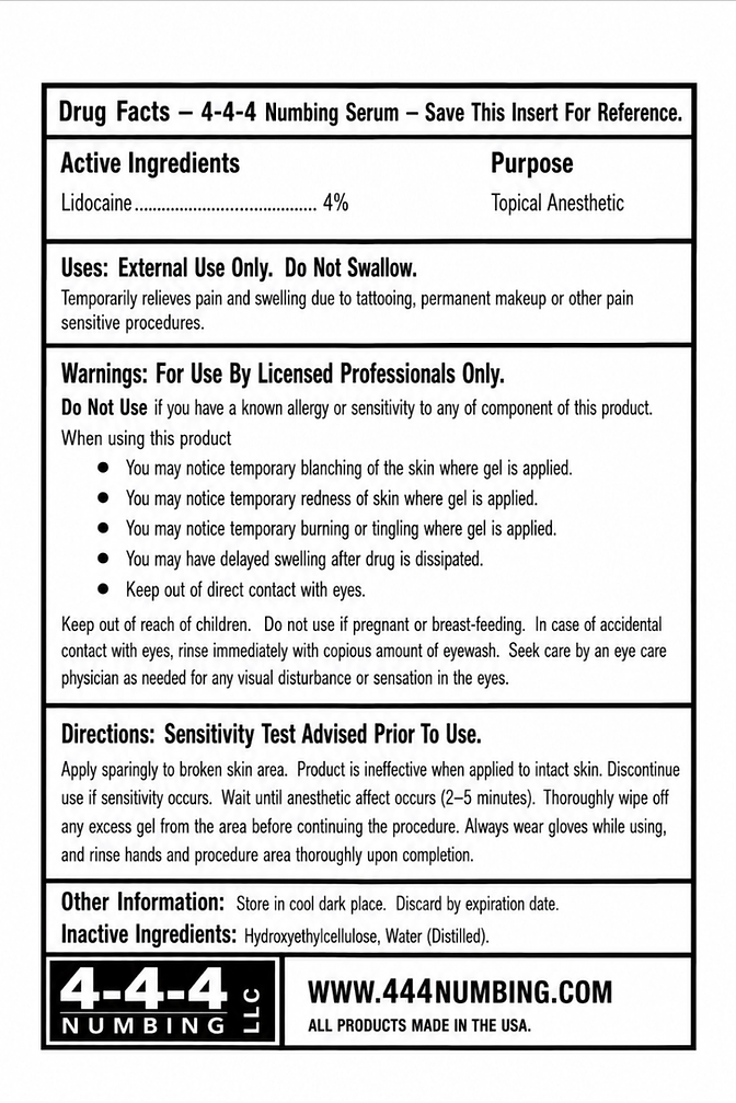 Drug Facts insert for 4-4-4 Numbing Serum with active ingredients, uses, warnings, directions, and other information
