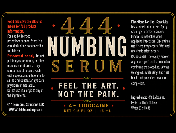 Full product label for 444 Numbing Serum showing brand, directions for use, and ingredients
